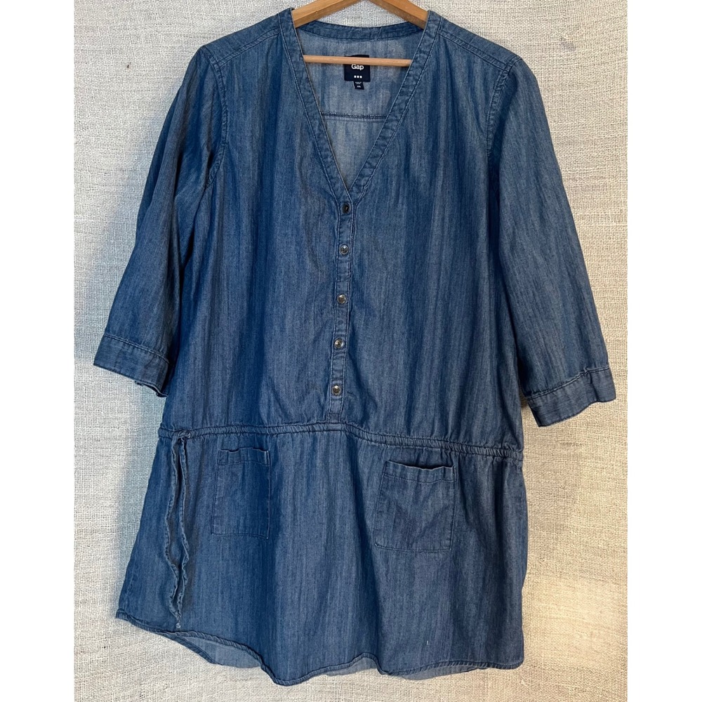 Denim Shirt Dress Women's XXL Gap Blue Chambray V-Neck Roll Tab Sleeve Western